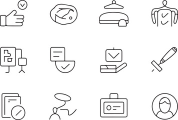 Hospital hotel room booking of hospitality services line art icon set. Flat black color editable line vector illustration