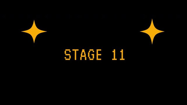 Pixelated "STAGE 11" message with sparkling stars for retro gaming animation. 4K video animation for video game.