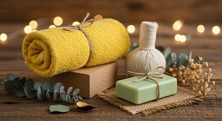 Spa treatment with soap towel and herbal compress on wood surface