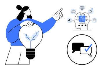 Person holding leaf-branched lightbulb, pointing to AI brain with tech icons, and verified dialogue bubble. Ideal for innovation, technology, eco-solutions, progress, creativity, communication