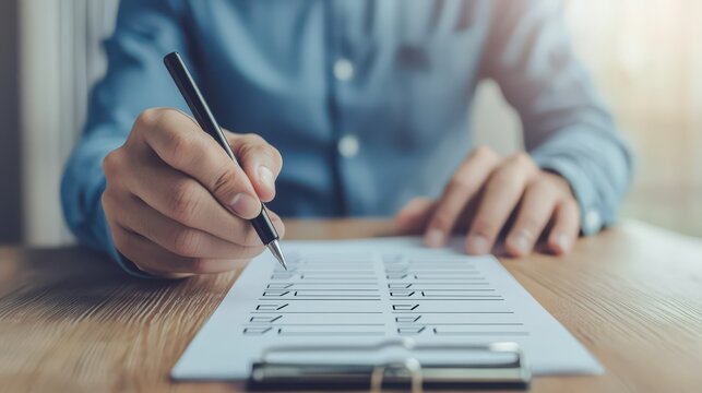 A person filling out a form on a clipboard, using a pen, with a focus on the hand and the paperwork. - Powered by Adobe