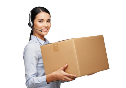 Smiling service professional with headset holding a cardboard shipping parcel for delivery and logistics operations isolated on transparent background