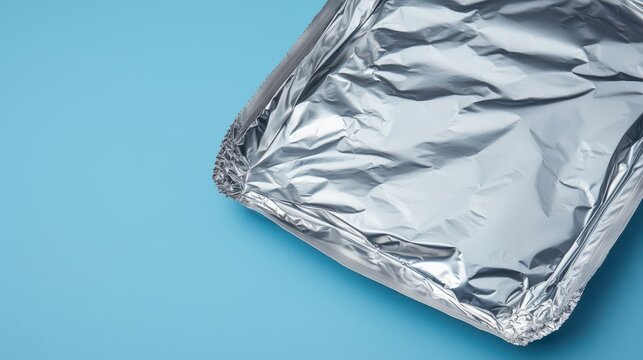 A shiny aluminum foil sheet rests on a blue background, highlighting its reflective surface and texture.