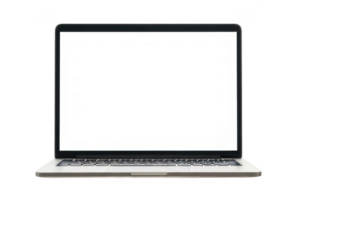 Modern silver laptop computer with a blank screen open and ready for use isolated on transparent background