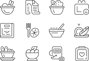 Online restaurant meal plan subscription line art icon set. Flat black color editable line vector illustration
