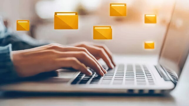 A person types on a laptop keyboard, with floating yellow folder icons above, symbolizing digital organization and file management.