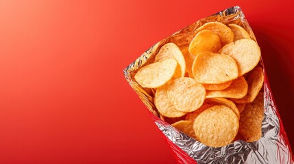 A bag of crispy, golden potato chips spilling over against a vibrant red background.