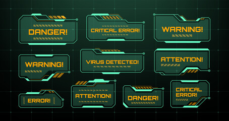 Set of futuristic HUD error and warning interface elements. Digital alert messages for cyber security or gaming display. © hiten666