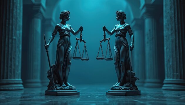 Two Lady Justice statues hold scales in symmetrical composition. Classic sculptures stand in grand hall with columns. Futuristic blue light gives modern feel to ancient legal concept of balance, law,
