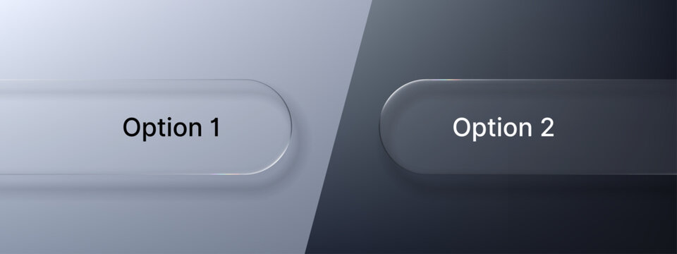 Liquid glass button with text option 1 for light mode and option 2 for dark mode. User interface element. Modern UI design for web development.