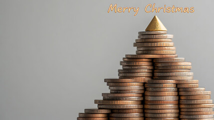 Wishing you a financially secure & prosperous Christmas season! A unique Christmas tree of shiny coins symbolizes abundance & wealth, set against a serene backdrop.