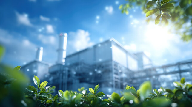 Green leaves foreground with industrial plant blurred in background under bright sky creating hopeful eco industrial scene