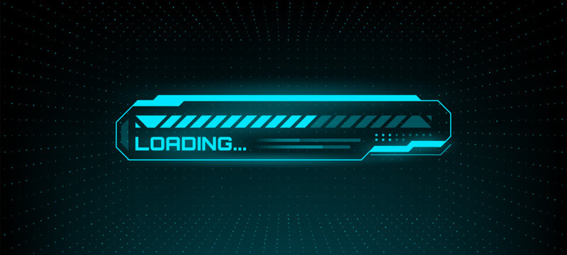 Futuristic loading bar with progress status on a dark background. Concept of data processing, software upgrade, system initialization or game interface.