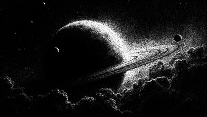 Ringed planet in a stippled outer space art surrounded by clouds and satellite moons, dot space grain noise vector graphic. © hiten666
