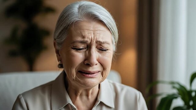 Portrait of Elderly Woman Crying Indoors