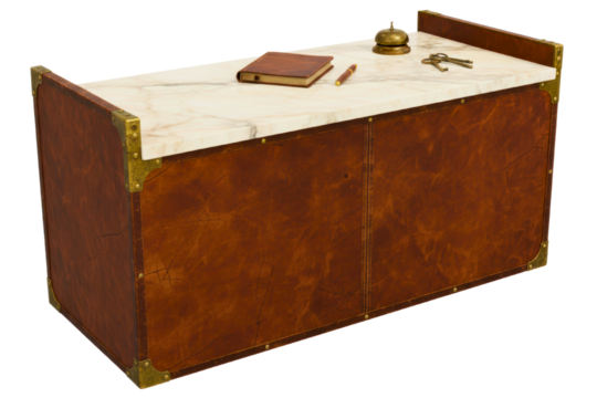 Vintage hotel reception desk with bell keys and a guest book isolated with transparent background
