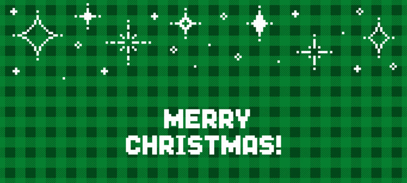 Green plaid pixel art pattern with Merry Christmas text. Retro 8-bit video game style holiday greeting for banner or social media post.