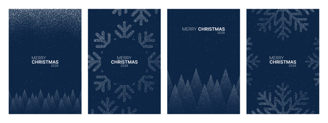 Set of four winter Christmas cards on a dark background. Merry Christmas and new year 2020 concept with snow, fir tree, and snowflake patterns.
