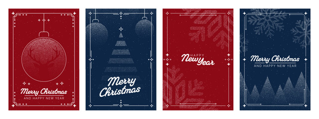Set of four christmas and Happy New Year card with deer, snowflakes, tree for winter holiday celebration and greeting.