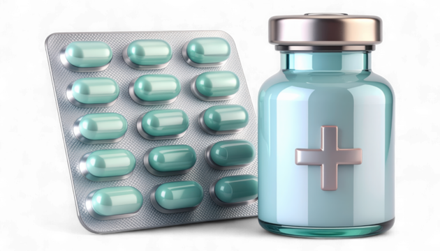 Frosted Glass Pharmaceutical Bottle with Teal Cap and Blister Pack. Hyper-Realistic 3D Medical Supplies and Pills. Professional Medicine Bottle and Tablet Packaging.