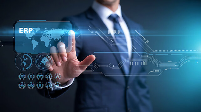 Businessman interacting with ERP system interface demonstrating technology integration and enterprise resource planning concept
