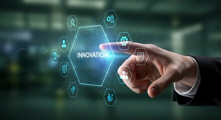 Closeup of a businessmans hand touching a bright hexagonal interface labeled innovation, surrounded by abstract icons representing technological advancement