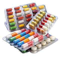 Set of tablet in packaging. Medicine pill and capsule packs, white 3D drugs and vitamins. medicine packaging: painkillers, antibiotics, vitamins and aspirin tablets.on  a isolated white background.PNG