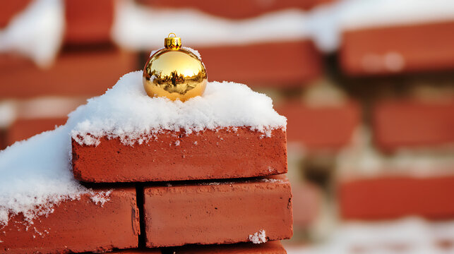 Golden Christmas ornament nestled in fresh snow atop rustic bricks, a blend of holiday cheer and natural elements. Winter scene evokes warmth and festive spirit.