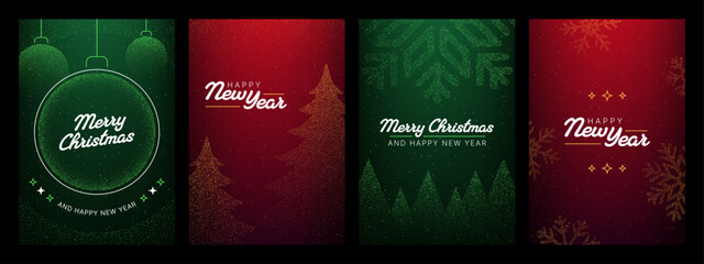 Four festive glitter holiday cards with merry Christmas and Happy New Year greetings. Vector design for seasonal celebration.