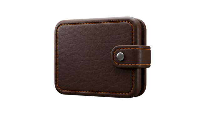 Compact brown leather wallet with orange stitching and snap