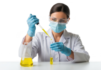 Scientist in protective gear carefully pipettes yellow liquid into a test tube for laboratory analysis isolated on transparent background