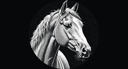 Realistic horse head vector illustration in stippling style, black and white dot work portrait, vintage engraving animal art, isolated on black background design