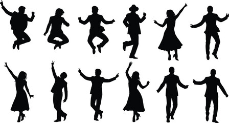 Set of black silhouettes showing happy business men and women dancing, jumping and celebrating success, isolated on white background, vector illustration collection