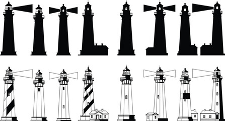 Set of lighthouse silhouettes and linear icons, vector maritime beacons with light beams, isolated on white background, nautical tower collection for navigation design