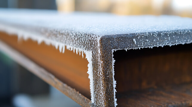 A close up of a frost-covered steel beam. The edges are lined with tiny icicles. The cool tones of the ice contrast with the brown and gray of the weathered steel. - Powered by Adobe