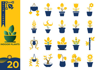 Indoor houseplant icons set with modern flat style potted plants, hanging planters and floral decorative elements for home decor and botanical design