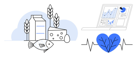 Milk, wheat, cheese, egg, fish with heart rate and leaf symbol alongside analytics dashboard. Ideal for health, fitness, wellness sustainability nutrition data analysis monitoring. Simple flat