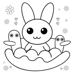 bunny paddling small boat on pond with ducks coloring page
