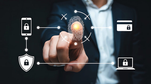 Fingerprint authentication and data security showing a secure network for online protection and privacy