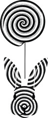 Surreal black and white vector illustration of a rabbit holding a spiral balloon, optical illusion art style, stippling texture design, isolated