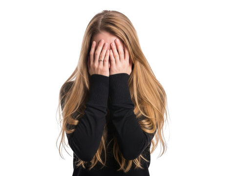 Young blonde girl with long wavy hair covering her face with hands expressing sadness or despair isolated on transparent background