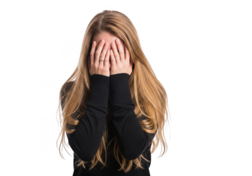 Young blonde girl with long wavy hair covering her face with hands expressing sadness or despair isolated on transparent background