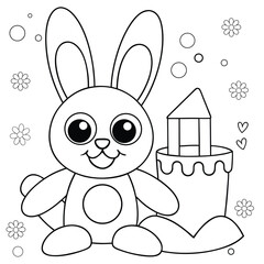 happy bunny building sandcastle on beach coloring page