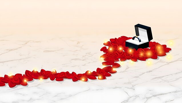 valentines day, proposal and romantic date concept - bed decorated with heart made of red rose petals and diamond engagement ring in gift box.
