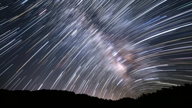 Celestial Star Trails Milky Way Galaxy Night Sky Motion Abstract Cosmic Light Streaks Silhouette