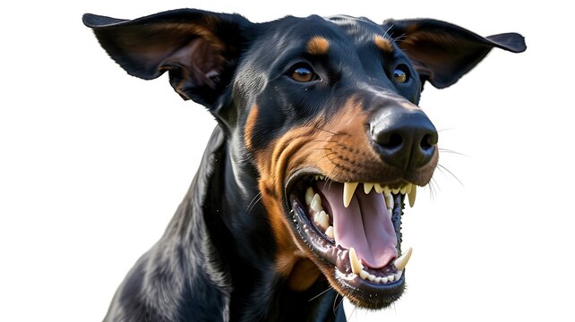 Aggressive doberman pinscher snarling with bared teeth, isolated