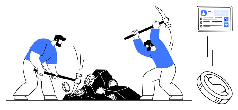 Workers break large blocks using tools to unearth digital currency digital ID and coins float nearby. Ideal for blockchain, finance, cryptocurrency, labor, technology, digital economy, simple flat