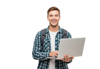 Young man with backpack smiling holding laptop computer typing working studying education technology isolated on transparent background