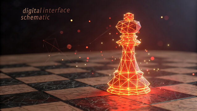 Glowing chess queen on a chessboard digital interface schematic strategic game concept for business and technology applications