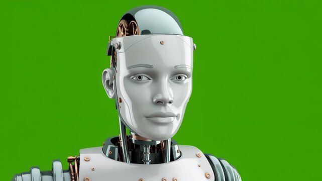 Futuristic android head with exposed gears and intricate mechanics on a vibrant green screen